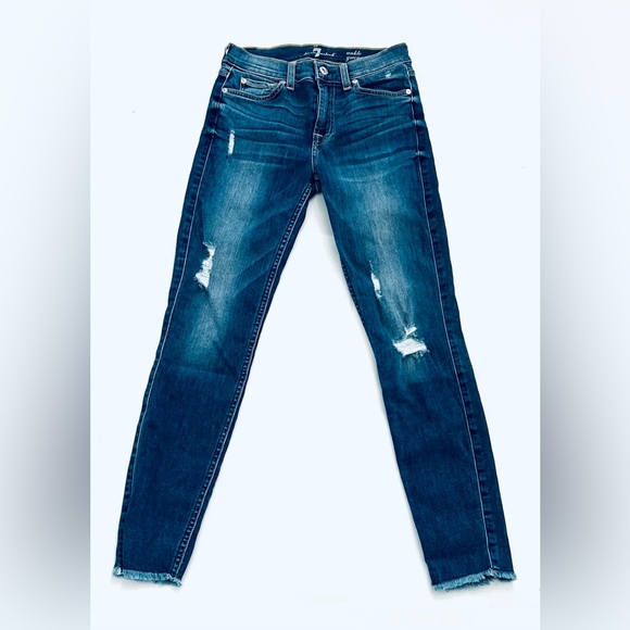 7 For All Mankind Gwenevere Skinny Jeans Size 27 X 27 Denim Stretch Distressed - Picture 2 of 9